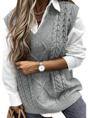 Womens V Neck Oversized Cable Knit Light Grey Sweater Vest Sleeveless Pullover